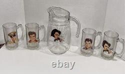 Elvis Presley Glass Pitcher With Set Of 4 Glass Mugs With Portraits Rare