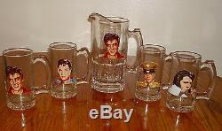 Elvis Presley Glass Pitcher With Set Of 4 Glass Mugs With Portraits Rare