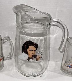 Elvis Presley Glass Pitcher With Set Of 4 Glass Mugs With Portraits Rare