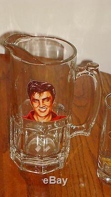 Elvis Presley Glass Pitcher With Set Of 4 Glass Mugs With Portraits Rare
