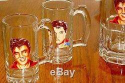 Elvis Presley Glass Pitcher With Set Of 4 Glass Mugs With Portraits Rare