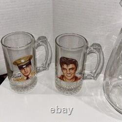 Elvis Presley Glass Pitcher With Set Of 4 Glass Mugs With Portraits Rare