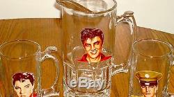 Elvis Presley Glass Pitcher With Set Of 4 Glass Mugs With Portraits Rare