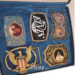 Rare Elvis Presley Belt Buckle Lot of 5 CPI 77 Vintage Collector Set with Case