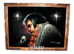 Rare Vintage Large ELVIS PRESLEY Framed Black Velvet Painting, 1970s, 39x 29