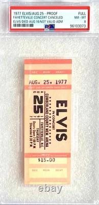 Super Rare Elvis Presley Misprinted Ticket 8/25/77 Fayetteville, Nc Psa-8 Nm-mt