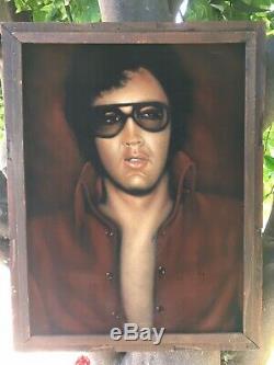 Vtg ELVIS PRESLEY Painting Black Velvet LARGE 26 x 20 Rustic Frame Rare Image